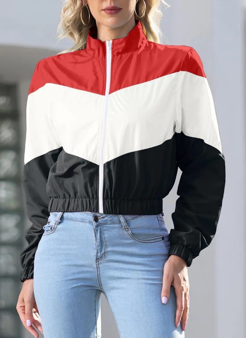 Women’s Lightweight Windbreaker Sport Jacket Zip Up Color Block Coat Casual Long Sleeve Jogging Outerwear