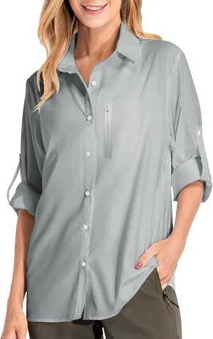 Women's UPF 50 Long Sleeve UV Sun Protection Safari Shirts Outdoor Quick Dry Sun Shirt Fishing Hiking Travel Shirts
