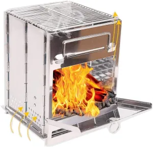Wood Burning Camp BBQ Stove Folding Portable Backpacking Stove, Small/Large Stainless Steel 304# Grill with Pot Stand for Hiking Camping Picnic (Small)