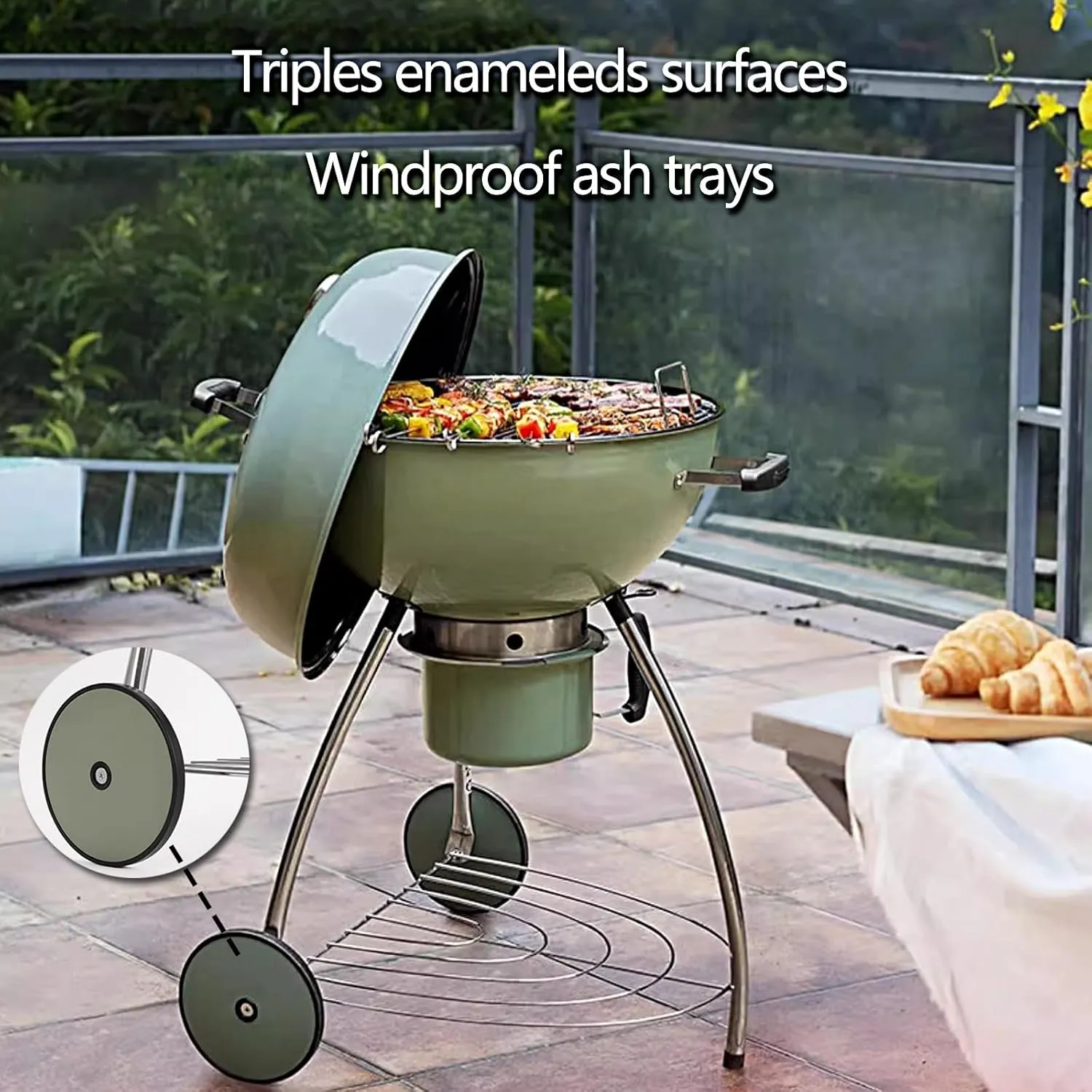 Wood Burning Camp Stove with Lid and Wheels, Outdoor Portable Camp Stove, Steel Camping Stove for Outside Cooking Survival Campfire Patio Backyard Gathering(Green)