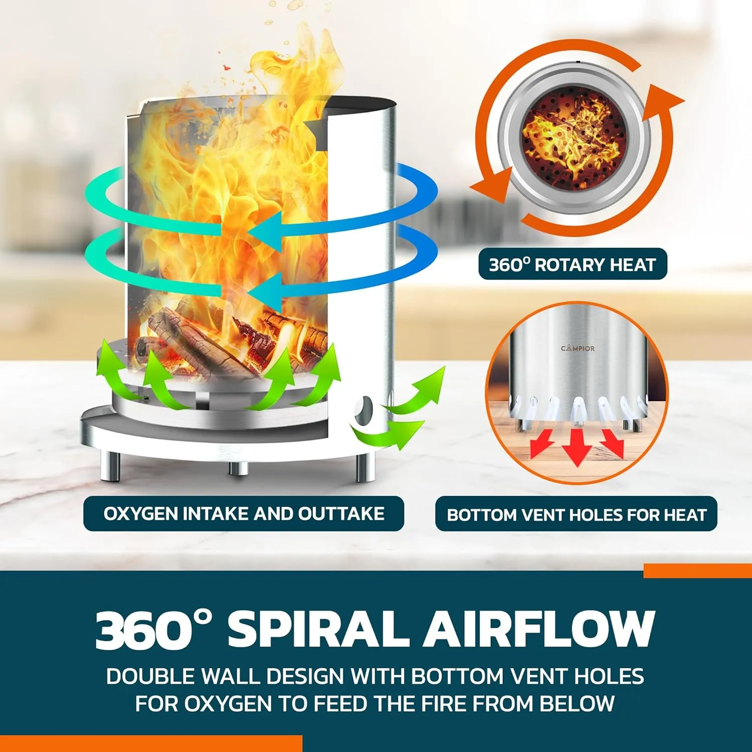 Wood Burning Fire Pit Stove - Smokeless Outdoor Stove for Efficient Wood Fires, Camping, Cooking, and Garden Gatherings, Durable, Stainless Steel with Removable Ash Pan, Stand and Carry Bag