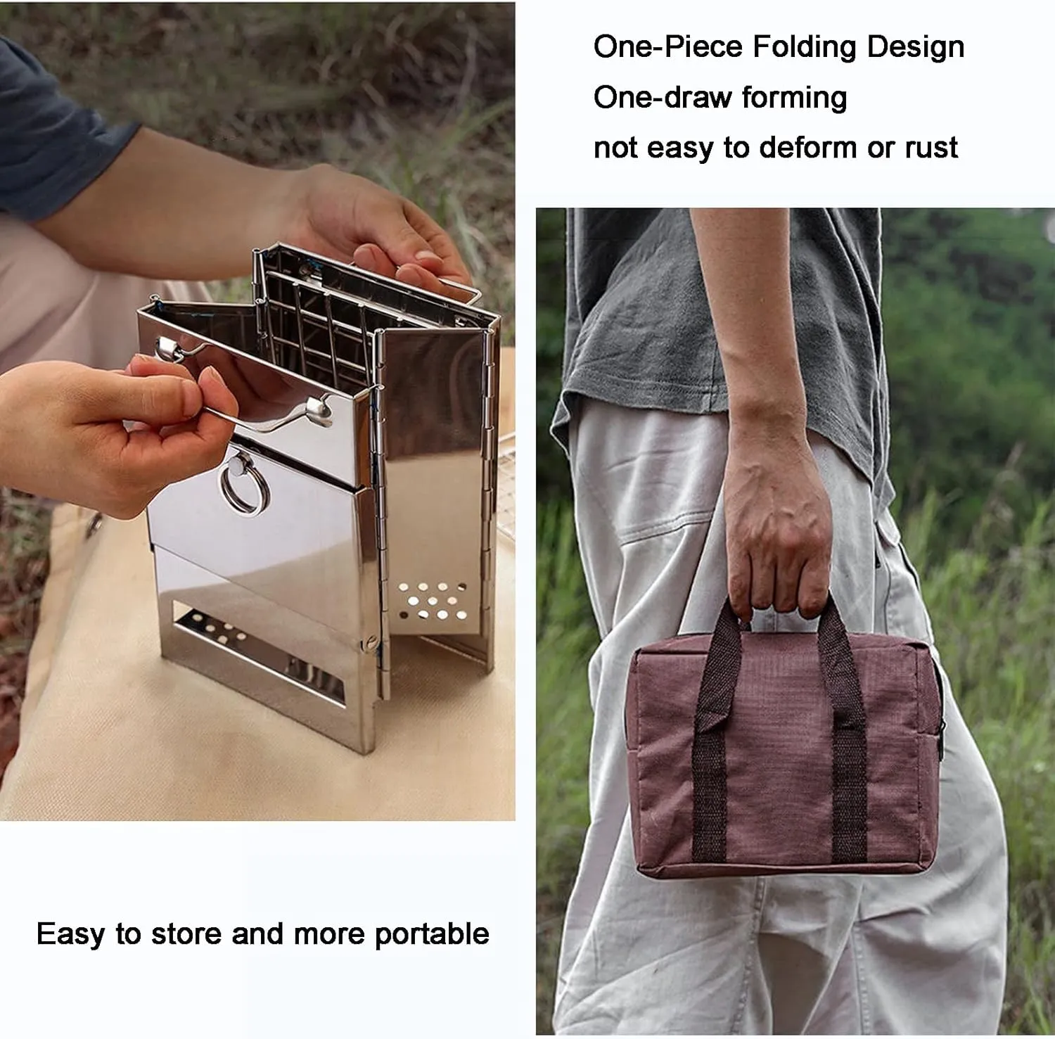 Wood Burning Stove, Folding Stove, Portable Camping Stove with BBQ Grill   Storage Bag, for Outdoor Cooking Camping Picnic BBQ, Lightweight Stainless Steel Rocket Stove(Small)