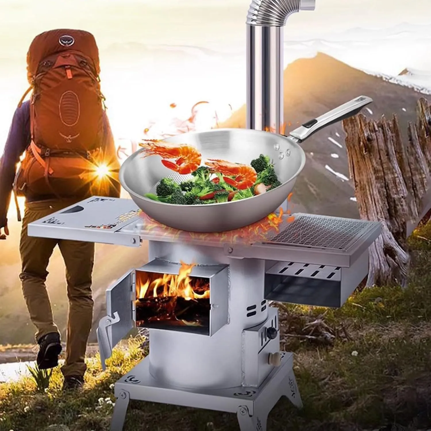 Wood Burning Stove for Home Heating Portable Outdoor Camping Stoves for Winter Camping, Hunting, Hiking, Cooking, Fishing (Size : Double panel)