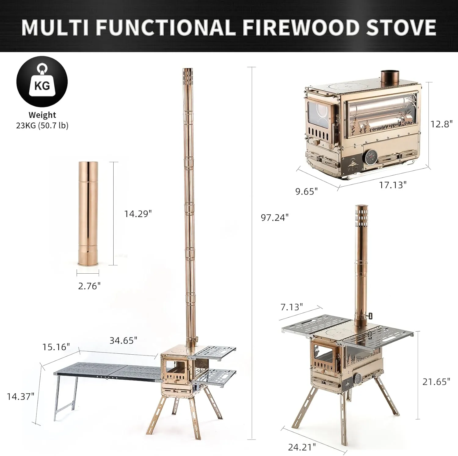 Wood Stove Wood Burning Stove Hot Tent Stove, Stainless Steel Portable Camping Stove with Oven & Camping Table and 6 Chimney Pipe for Outdoor, Camping, Cooking, Tents, Car Travel