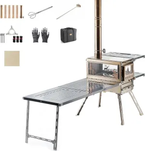 Wood Stove Wood Burning Stove Hot Tent Stove, Stainless Steel Portable Camping Stove with Oven & Camping Table and 6 Chimney Pipe for Outdoor, Camping, Cooking, Tents, Car Travel