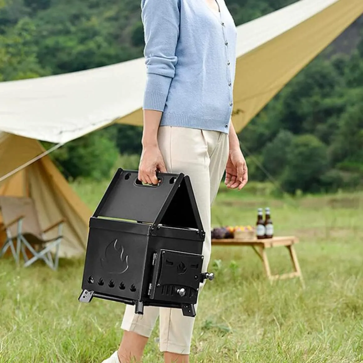 Wood Stoves Portable Foldable Burning Stove Camp Tent with Chimney Pipe for Shelter Heating Cooking/YLE/L