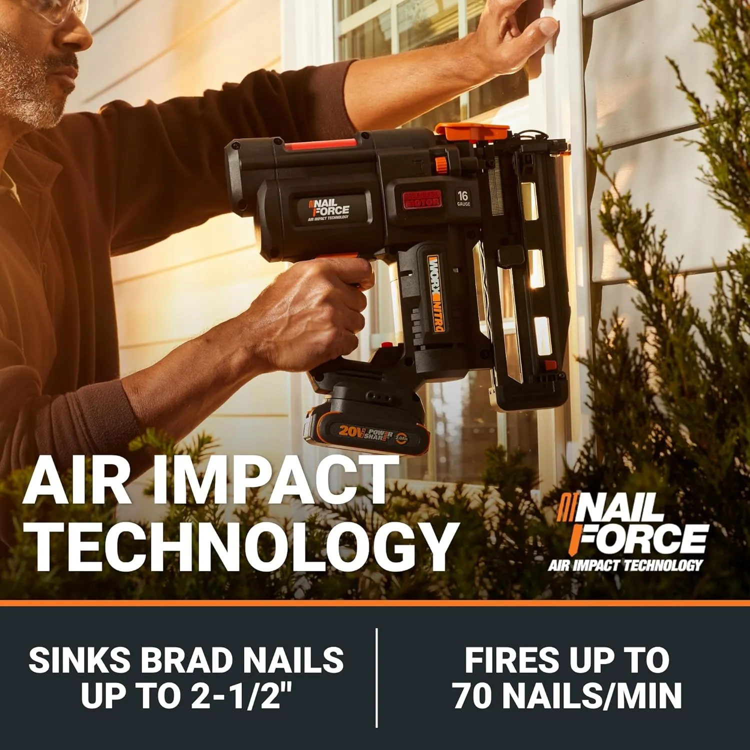 Worx Nitro 20V 16GA Finish Nailer Cordless 70 Nails/Min Sinks Up to 2-1/2", Compact Cordless Nail Gun w/Tool-Free Jam Release, Brushless Nail Gun Battery Powered WX841L.9 – Tool Only