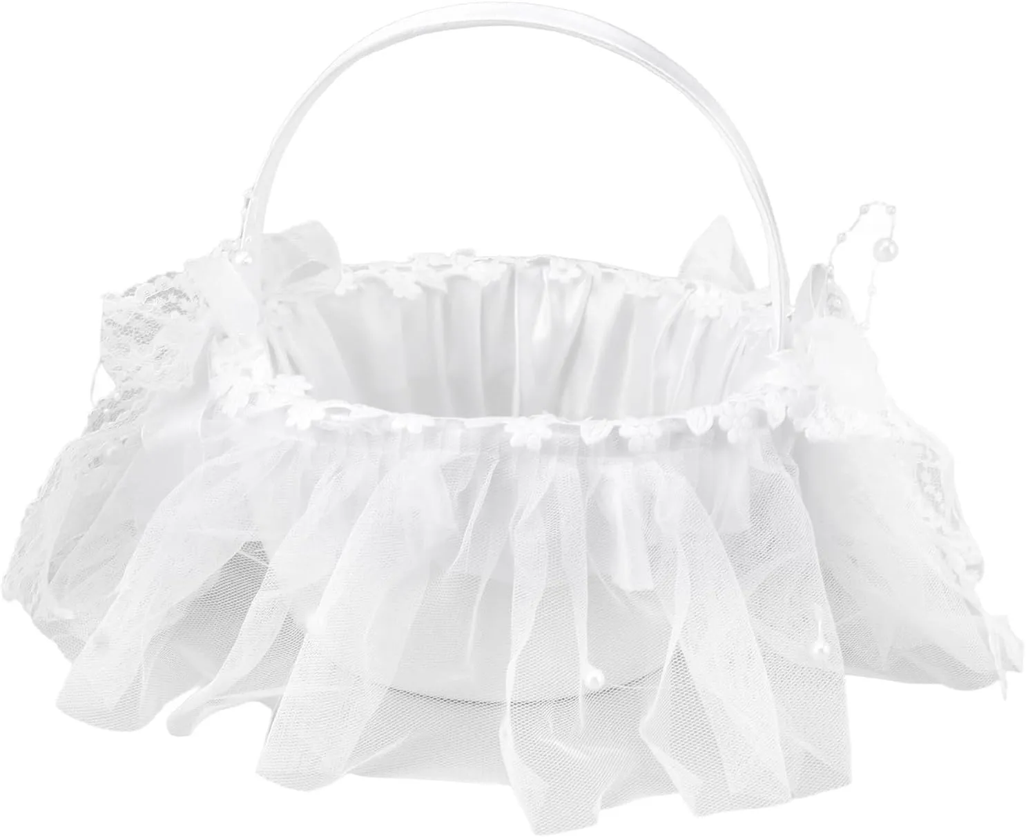 Wrap Around Lace Petals Elegant Flower Basket 20cm x 17cm, Bow with Heart Shaped Rhinestones Faux Pearl Flower Basket, Suitable for Indoor Wedding, Beach Wedding