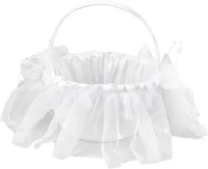 Wrap Around Lace Petals Elegant Flower Basket 20cm x 17cm, Bow with Heart Shaped Rhinestones Faux Pearl Flower Basket, Suitable for Indoor Wedding, Beach Wedding