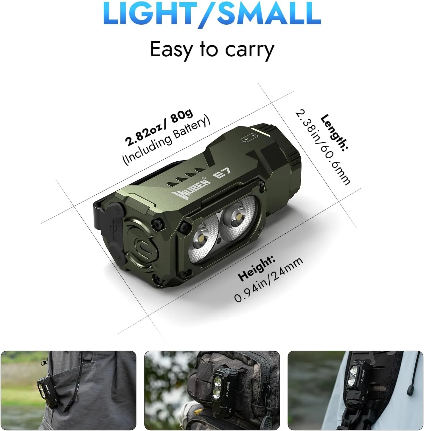 WUBEN E7 1800 Lumen Rechargeable Mini Flashlight with Magnet - Super Bright 6 Modes ArmyGreen EDC Flashlight, Typ-C Rechargeable LED; IP68 Pocket Flashlight for Headlamp Use, Rescue, Camping