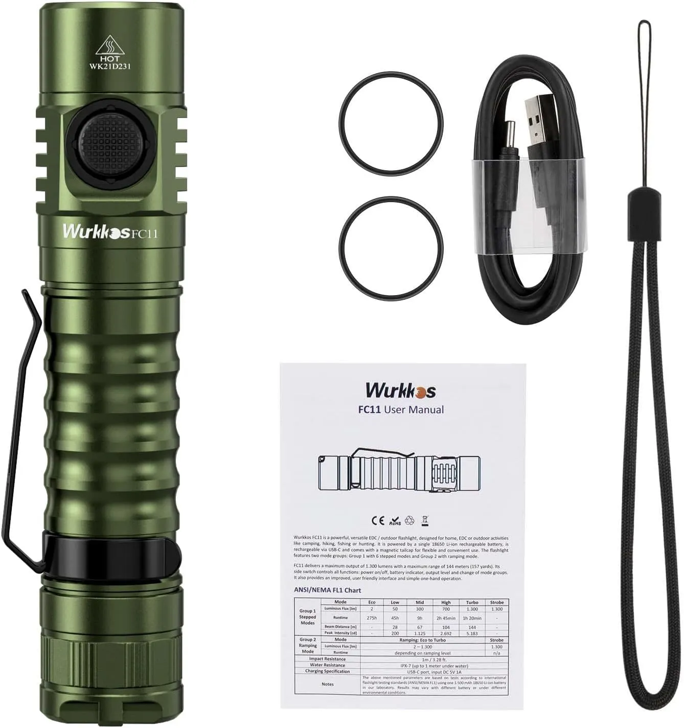 Wurkkos FC11 Rechargeable LED Flashlights Max 1300Lumen High 90CRI EDC Flash Light USB C Charge,IP67 Waterproof Torch, Magnetic Tailcap, Great for Dog Walking Home use Emergency(Green-4000K)