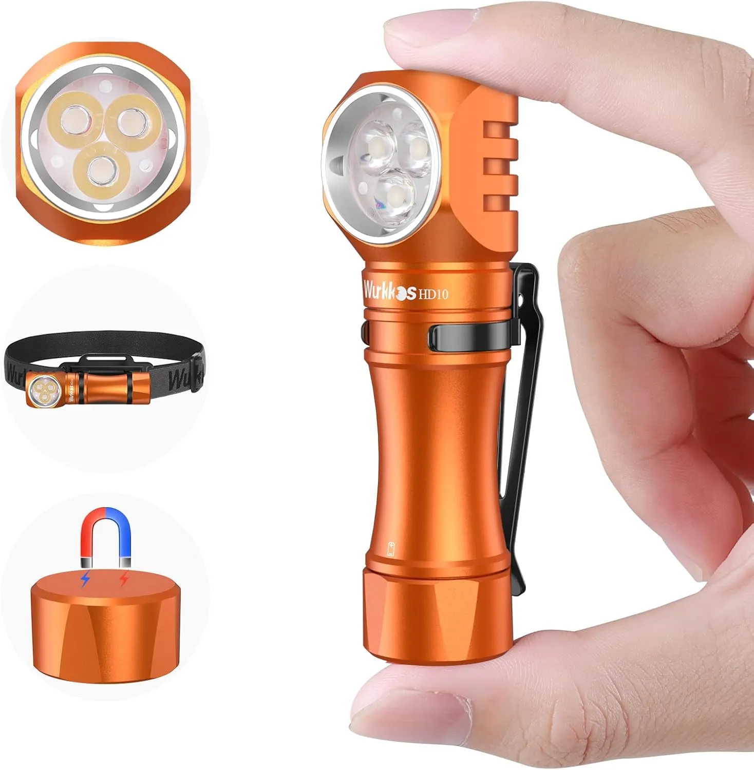Wurkkos Flashlight Rechargeable 1200 Lumens Small Flashlights with Magnet - HD10 Right Angle Flashlight with Anduril 2.0 RGB UI, IP68 Pocket Flash Light for Headlamp Use,Working,Hiking,-6000K-Orange