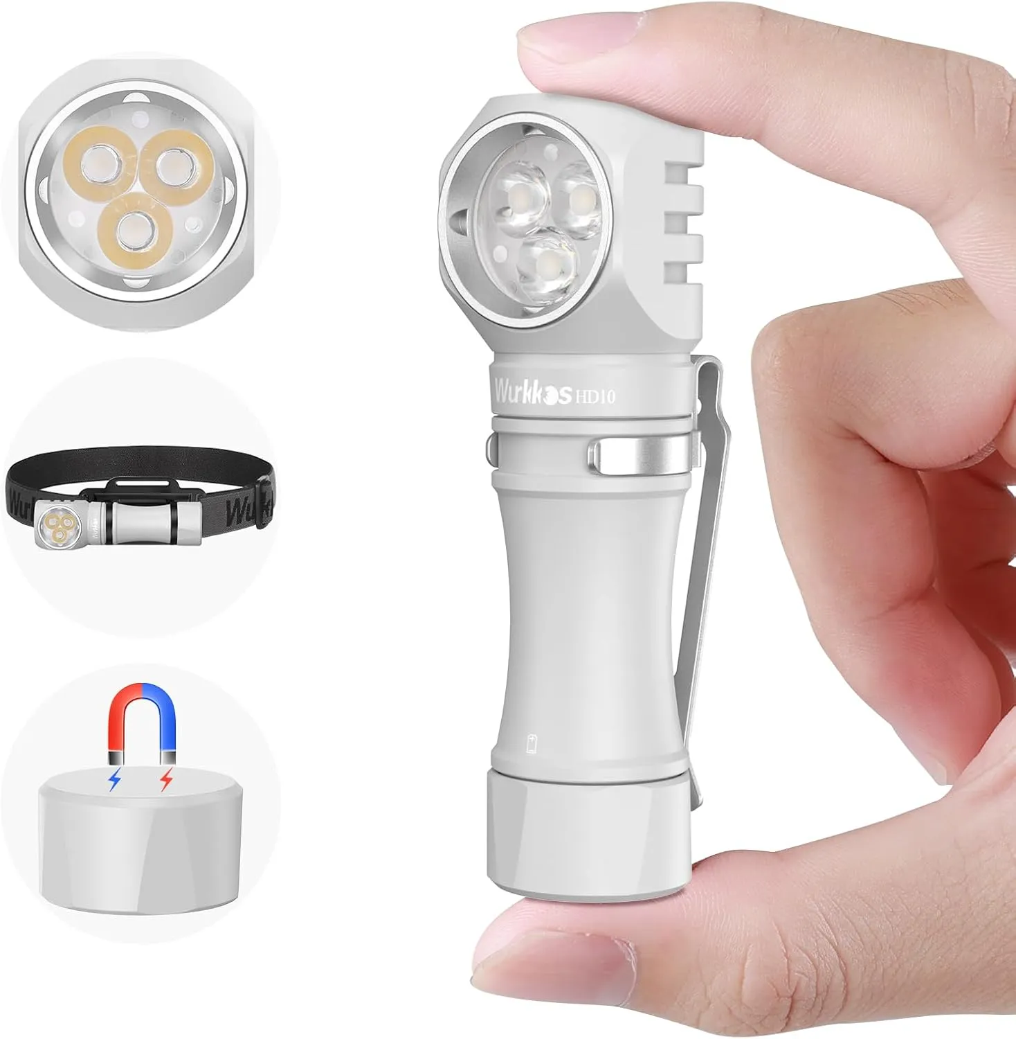 Wurkkos HD10 Flashlight Rechargeable 1200 Lumens Small, Magnet - Right Angle Flashlights with Anduril 2.0 RGB UI, IP68 Waterproof for Headlamp Use,Working,Hiking,Climbing-White-6000K