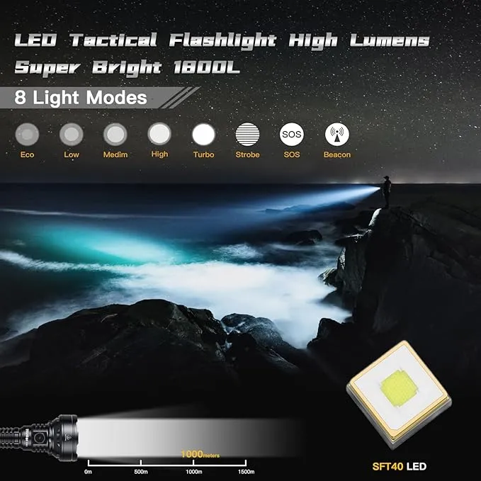 Wurkkos LED Tactical Flashlight Rechargeable - TD01C Tactical Flashlight High Lumens SFT40 LED Super Bright 1800LM with Buck Regulated Driver IP68 1000M Longest Range USB C