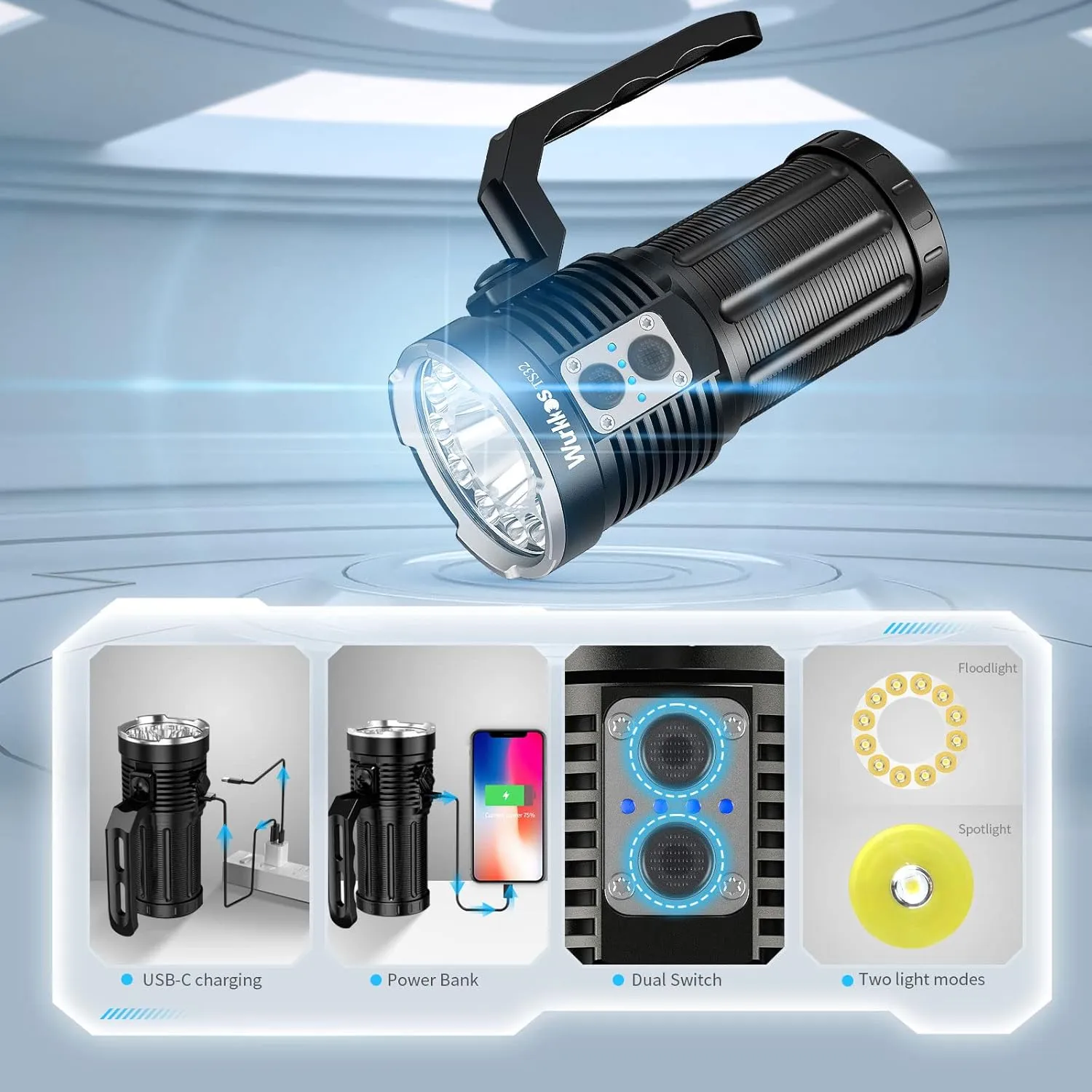 Wurkkos TS32 Rechargeable LED Flashlight - 13000 High Lumen, IP68 Waterproof, 12 * 519A & 1* LED, Emergency Support Discharge, Dual Switch for Camping Hiking