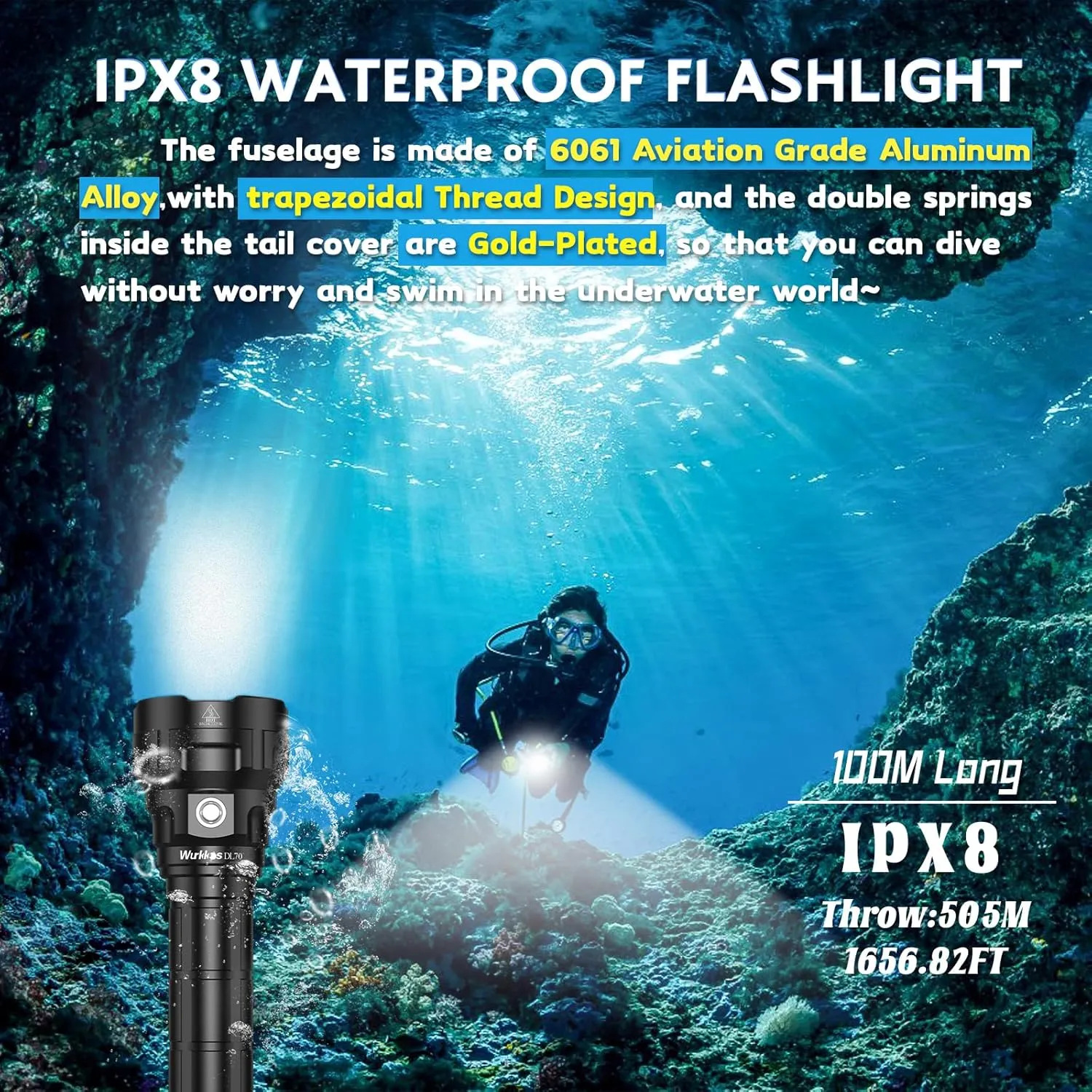Wurrkos DL70 Dive Light,13000 Lumen Super Bright Scuba Diving Light with 4pcs Led Dive Lights,IPX8 Waterproof Dive Torch Underwater 328ft,4 Mode Night Dive Flashlight for Submarine Deep Sea Cave
