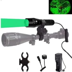 XLENTGEN Green Light LED Hunting Flashlight 300 Yard Long Range Zoomable Predator Light LED Flashlights Kit with Pressure Switch Rechargeable Batteries for Coon Coyote Hog Fox Varmint