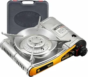 XPSSJMU Portable Butane Gas Stove 2.9KW 12,000 BTU Electronic Ignition Aluminum Alloy Burner Outdoor Cooking Camping With Carry Case And Draft Shield Yellow