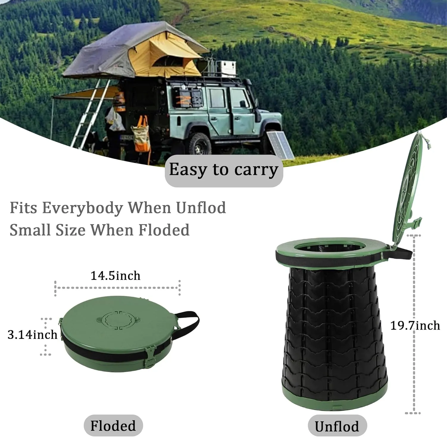 XXL Portable Toilet -19.7" H 15" D Adjustable Foldable Camping Toilet, Luggable Loo with Lid, Strap,Toilet Bag for Camping, Hiking, Travel and Car with Carry Bag