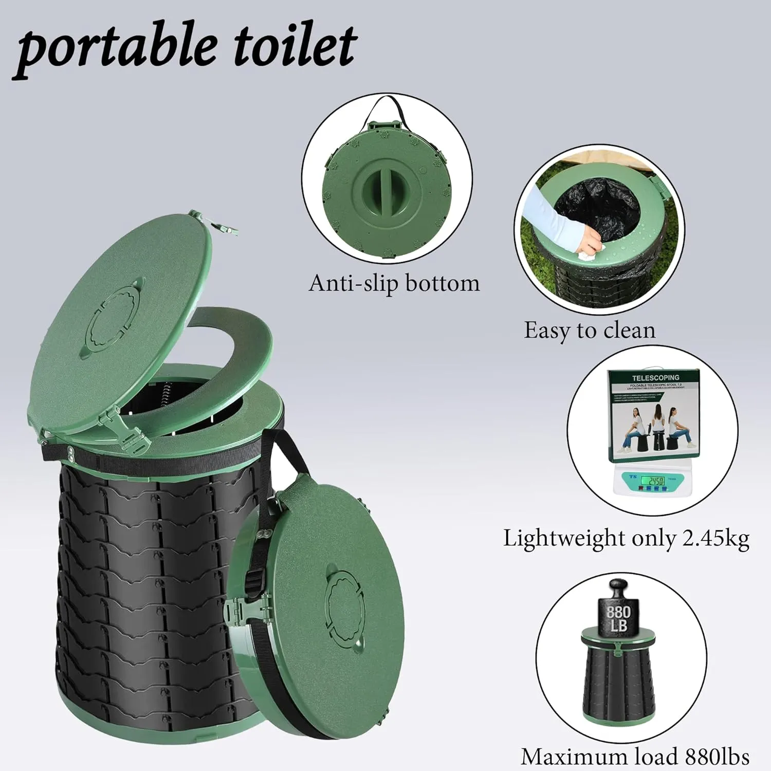 XXL Portable Toilet -19.7" H 15" D Adjustable Foldable Camping Toilet, Luggable Loo with Lid, Strap,Toilet Bag for Camping, Hiking, Travel and Car with Carry Bag