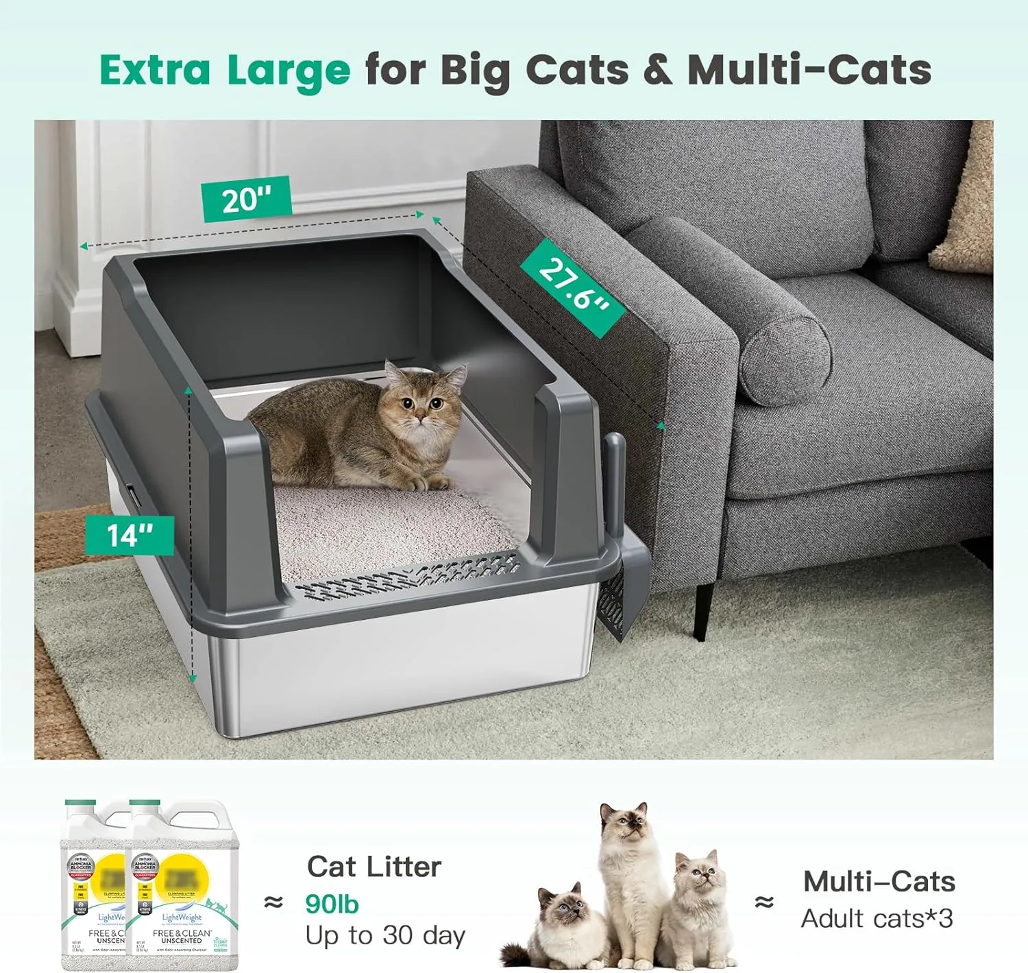 XXL Stainless Steel Cat Litter Box Extra Large 28"x20.5"x14" Metal Litter Box High Sides for Big Cats&Multiple Cats, Jumbo with lid Easy to Clean, No Odor, Anti-Urine Leakage, Non-Sticky