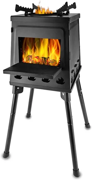 YBTMG Portable Wood Burning Camp Stove with 4 Pack Leg Extenders, Outdoor Camping Wood Stove Carbon Steel with Carrying Bag for Picnic Outdoor Hiking Backpacking Cooking, Black, Small