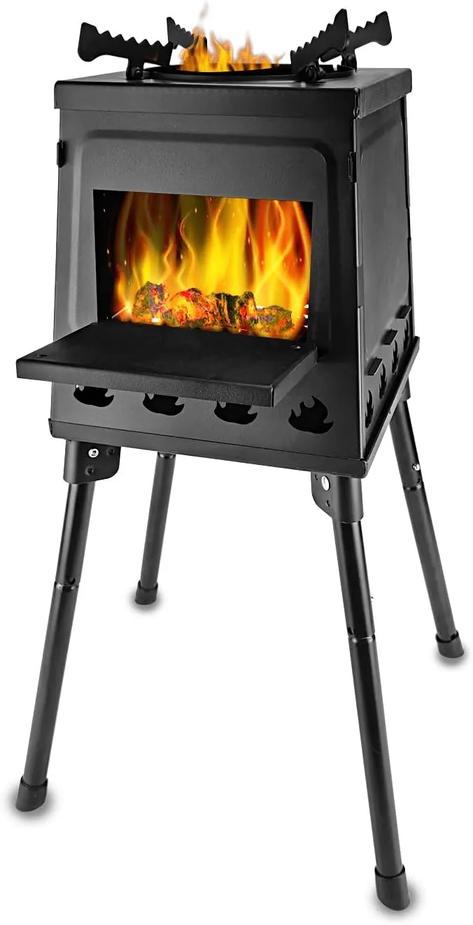 YBTMG Portable Wood Burning Camp Stove with 4 Pack Leg Extenders, Outdoor Camping Wood Stove Carbon Steel with Carrying Bag for Picnic Outdoor Hiking Backpacking Cooking, Black, Small