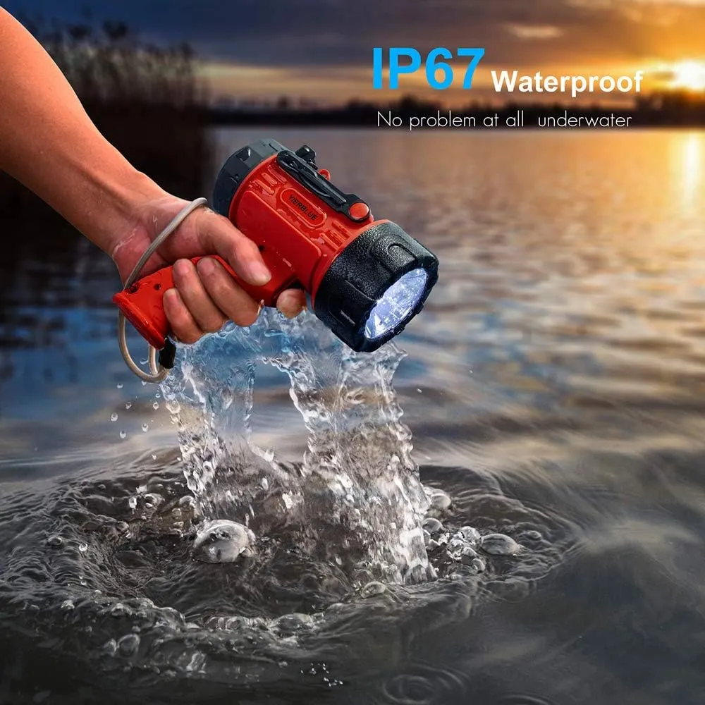 YIERBLUE Rechargeable Spotlight with 800 Lumen LED, IP67 Waterproof Handheld Flashlight Searchlight with Detachable Red Light Filter, Long Running