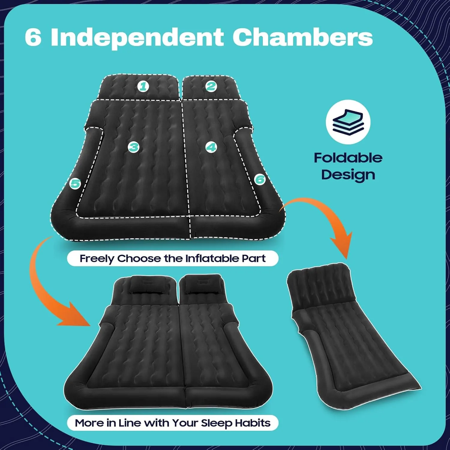 YIYIBYUS Heavy Duty Inflatable Car Bed Mattress for SUV Truck Back Seat - 551lbs Capacity Portable Air Mattress w/Built-in Pump, Storage Bag & Headrests (Universal Fit, Foldable Design) (Black)