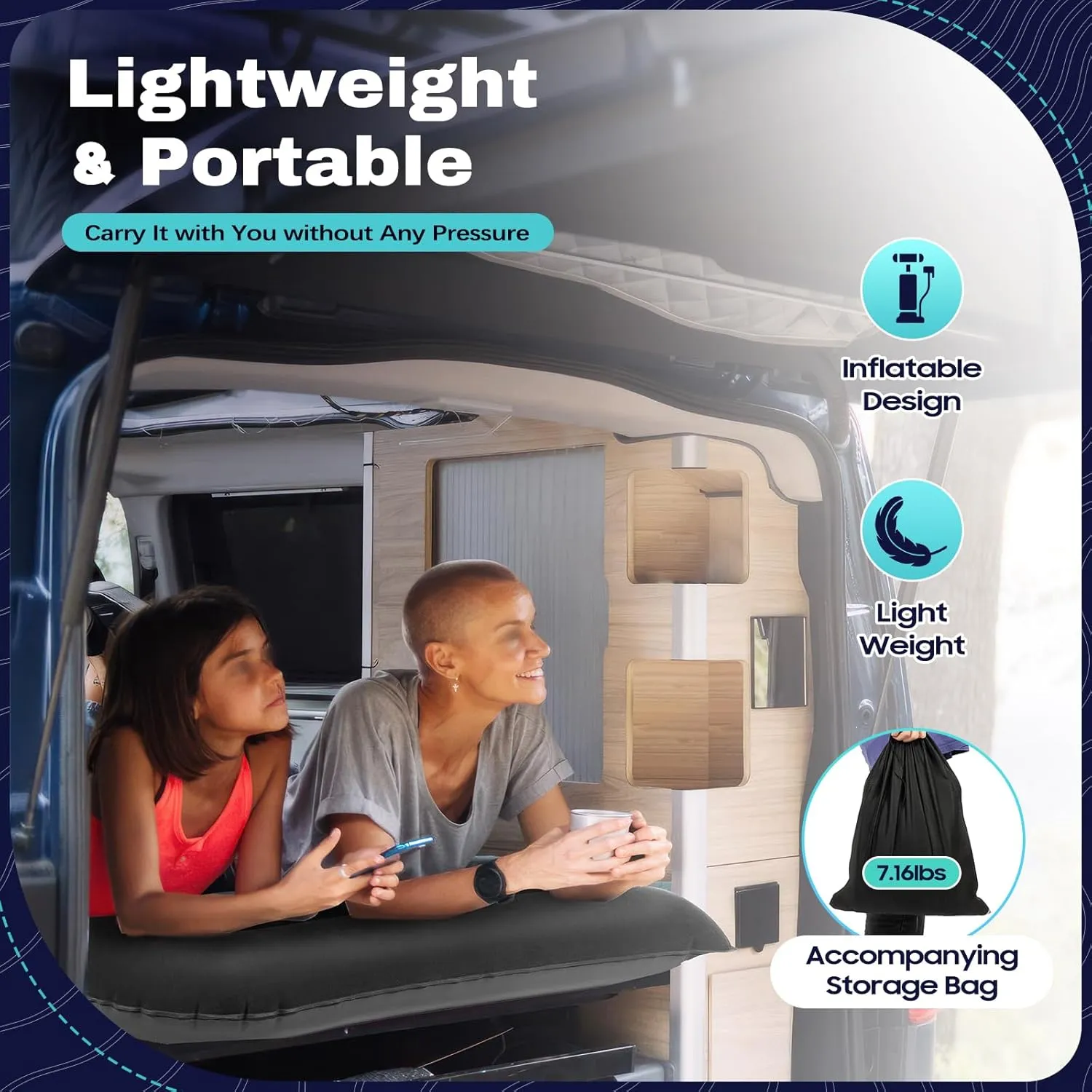 YIYIBYUS Heavy Duty Inflatable Car Bed Mattress for SUV Truck Back Seat - 551lbs Capacity Portable Air Mattress w/Built-in Pump, Storage Bag & Headrests (Universal Fit, Foldable Design) (Black)