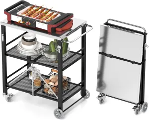 YORKING Foldable Outdoor Grill Cart, Stainless Steel 3 Tier Kitchen Cart with 2 Lock Wheels, Moveable BBQ Table Kitchen Island with Tool Hooks, Bottle Opener, for Home Party, Bar, Camping, Black