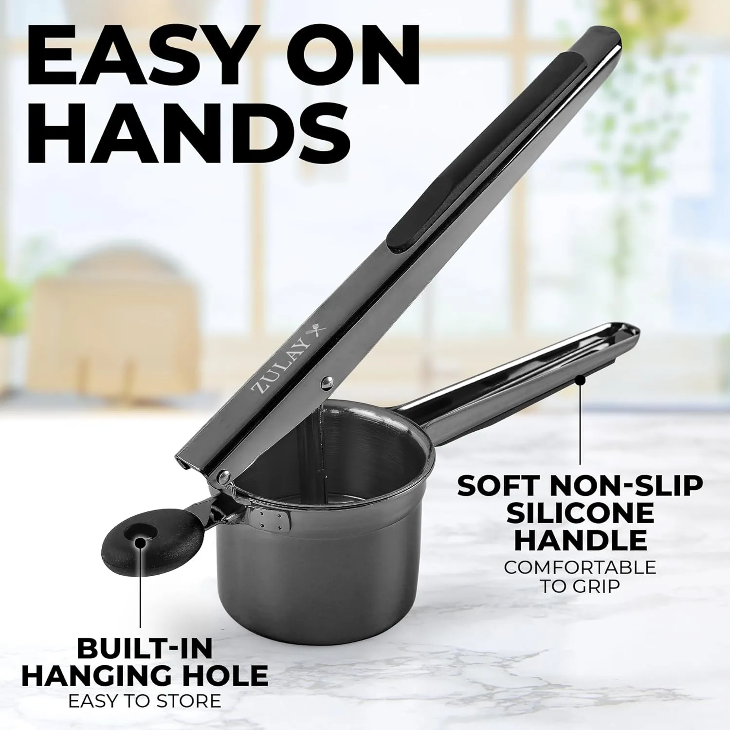 Zulay Kitchen Premium Large 15oz Potato Ricer, Heavy Duty Professional Stainless Steel Potato Masher and Ricer Kitchen Tool, Press and Mash Kitchen Gadget - Metallic Black