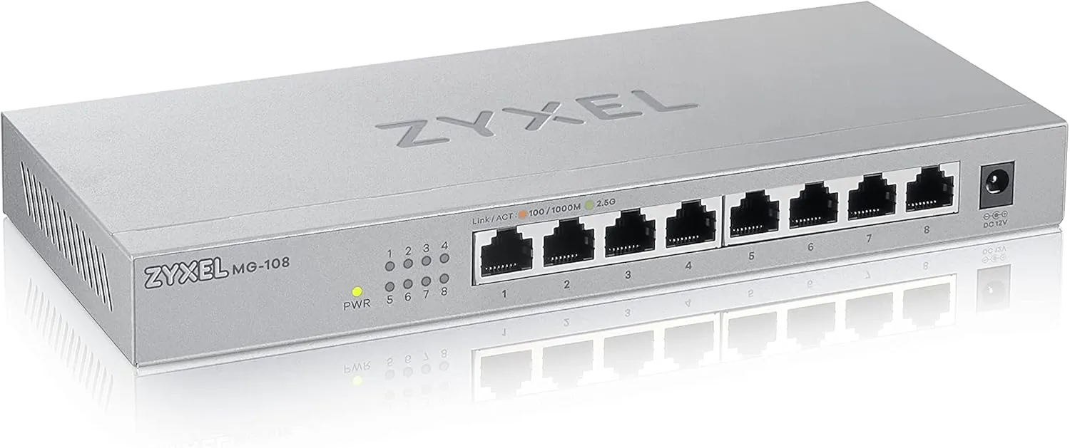 Zyxel 8-Port 2.5GbB MultiGig Ethernet Unmanaged Switch | 8 x 100/1G/2.5G Mbps Ports | Plug & Play | Metal Housing | Desktop or Wall-Mount | Ethernet Splitter MG-108